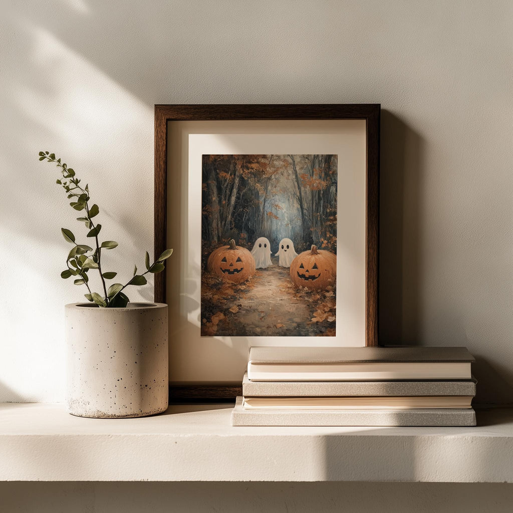 Woodland Ghosts Halloween art print shown in a room setting