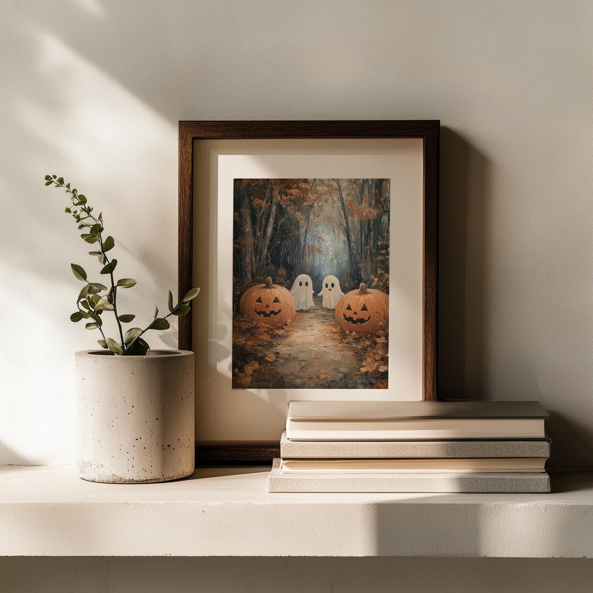 Woodland Ghosts Halloween art print shown in a room setting