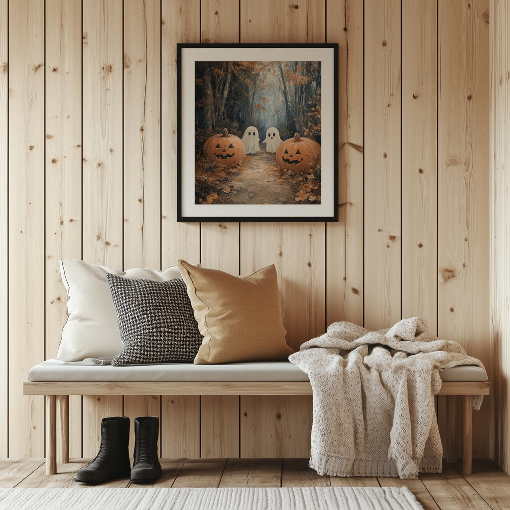 Woodland Ghosts Halloween art print shown in a room setting