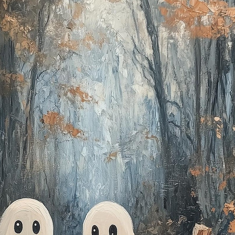 Woodland Ghosts Halloween art print close-up detail