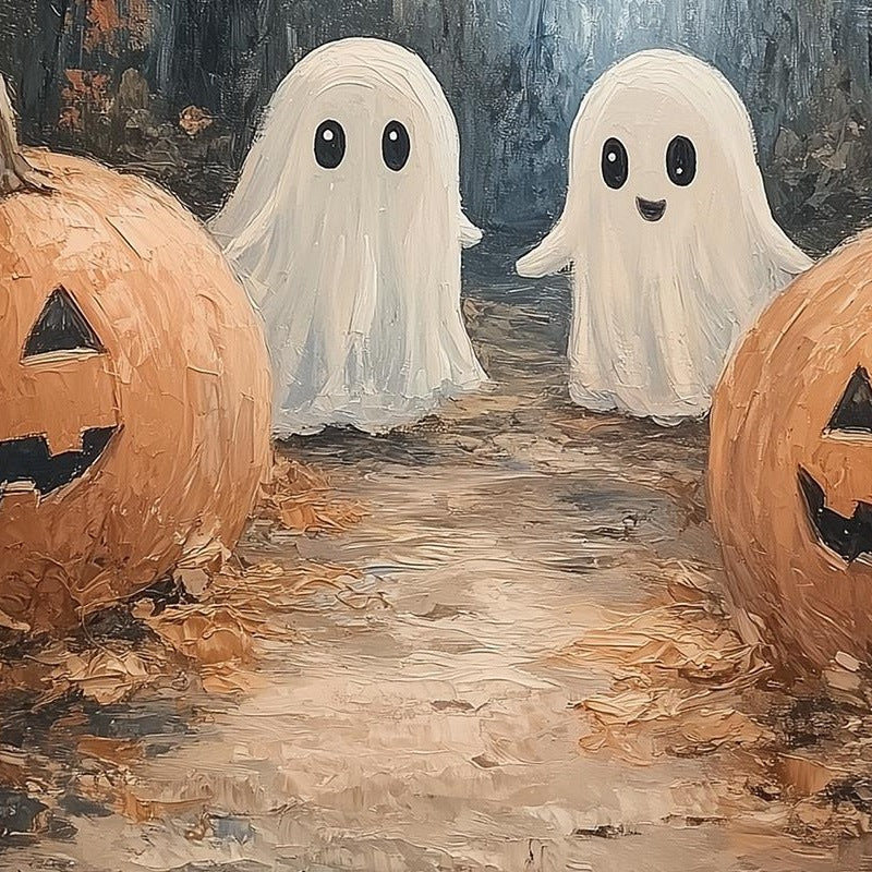 Woodland Ghosts Halloween art print close-up detail