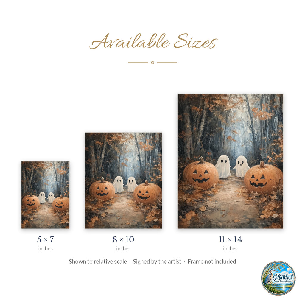 Woodland Ghosts art print size guide: 5x7, 8x10 and 11x14