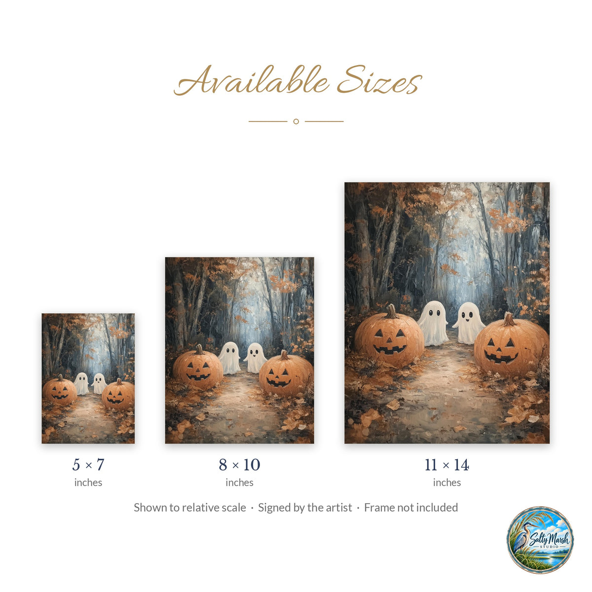Woodland Ghosts art print size guide: 5x7, 8x10 and 11x14