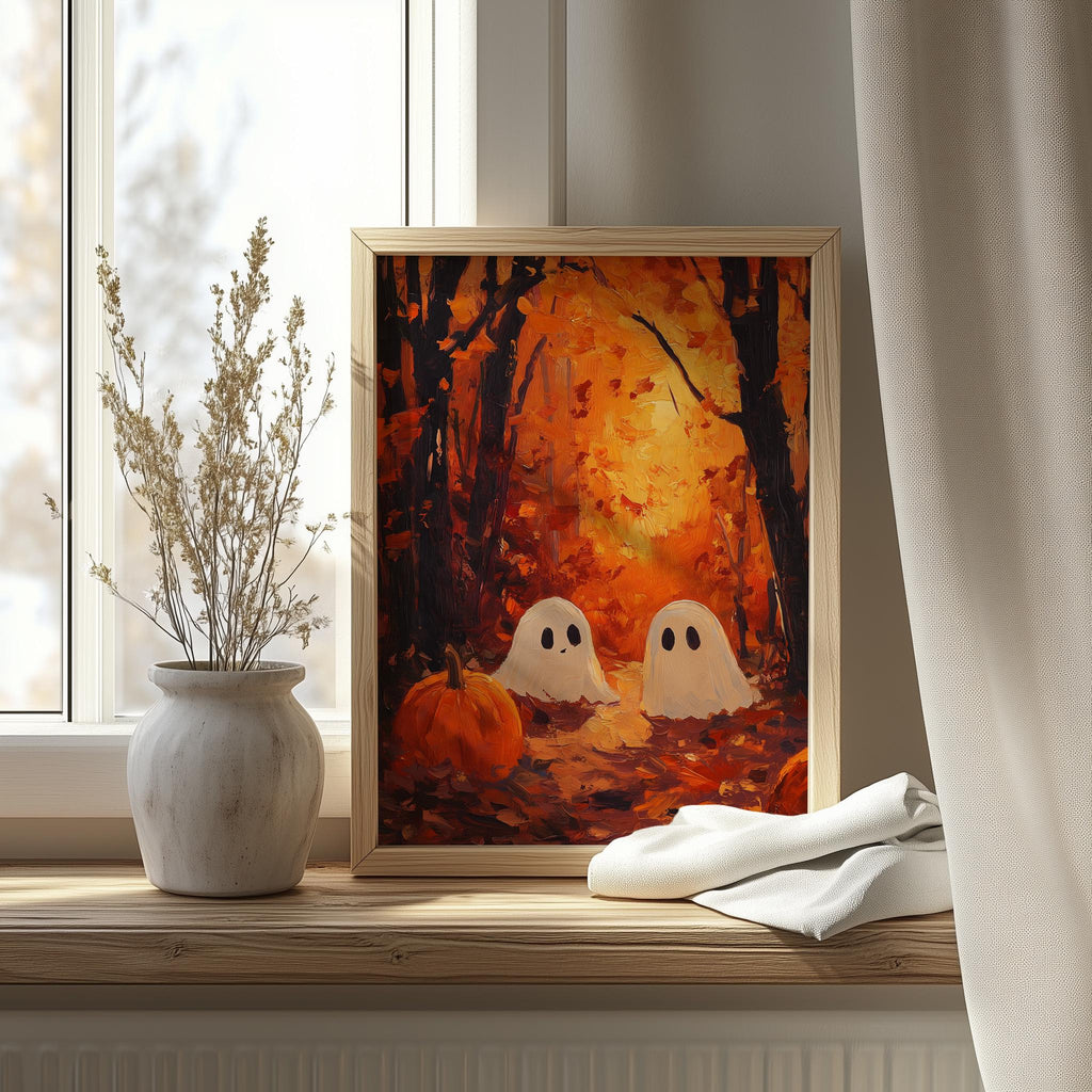 Forest Ghosts Sunset Halloween art print shown in a room setting
