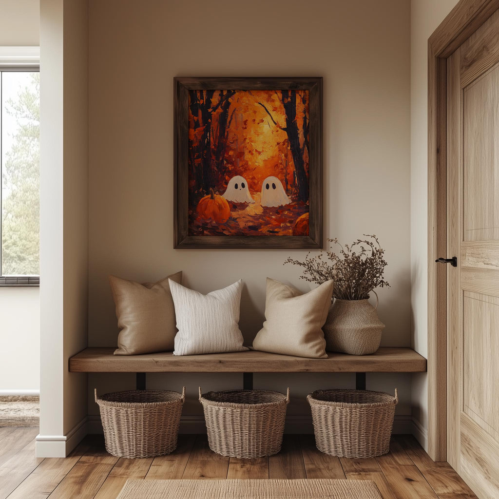 Forest Ghosts Sunset Halloween art print shown in a room setting