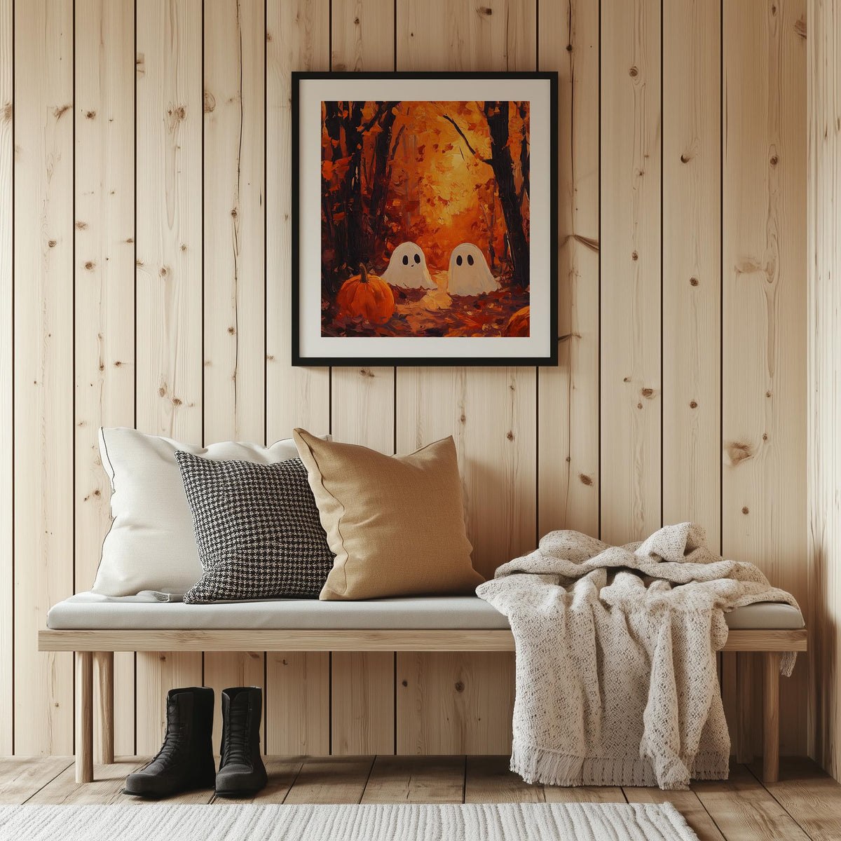 Forest Ghosts Sunset Halloween art print shown in a room setting