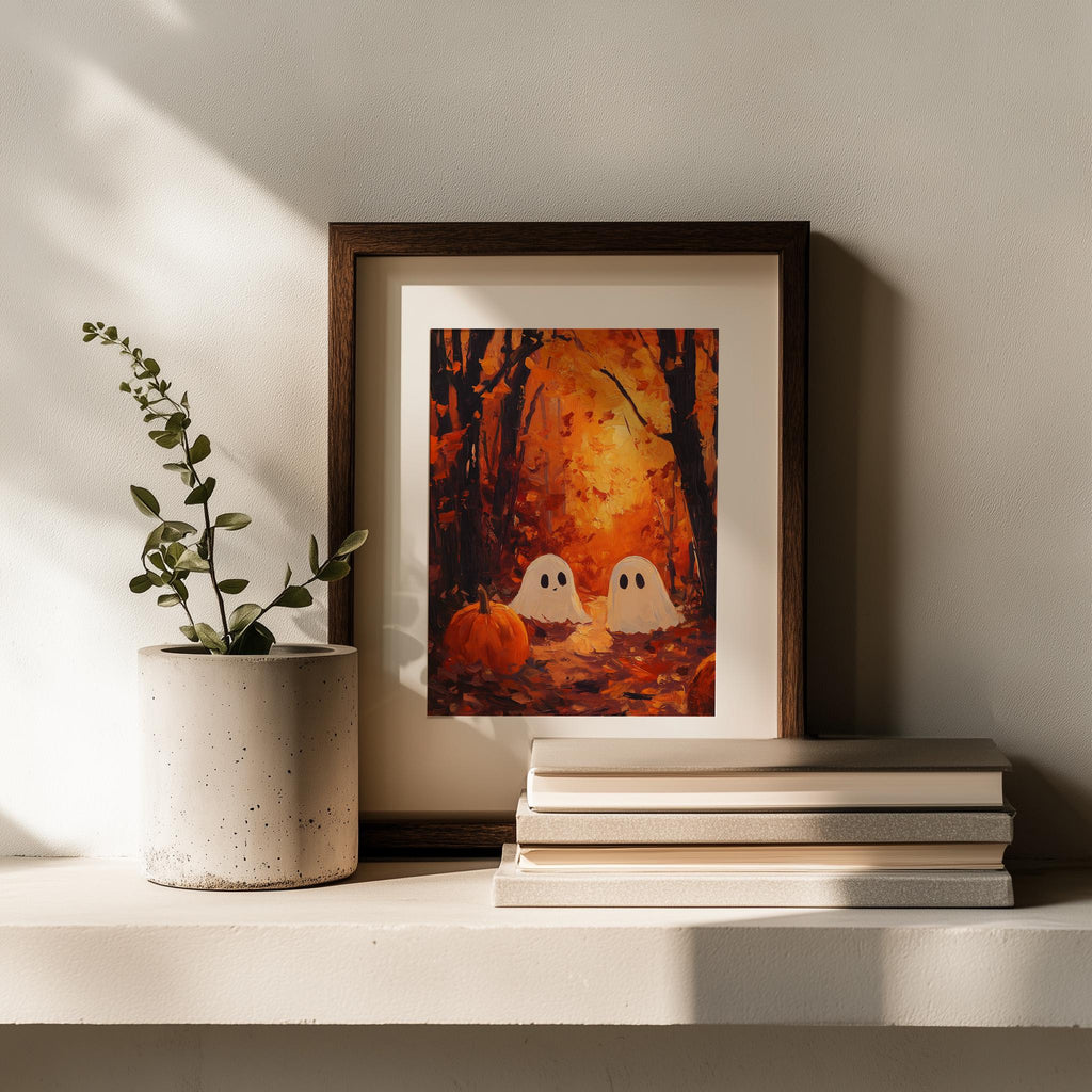 Forest Ghosts Sunset Halloween art print shown in a room setting
