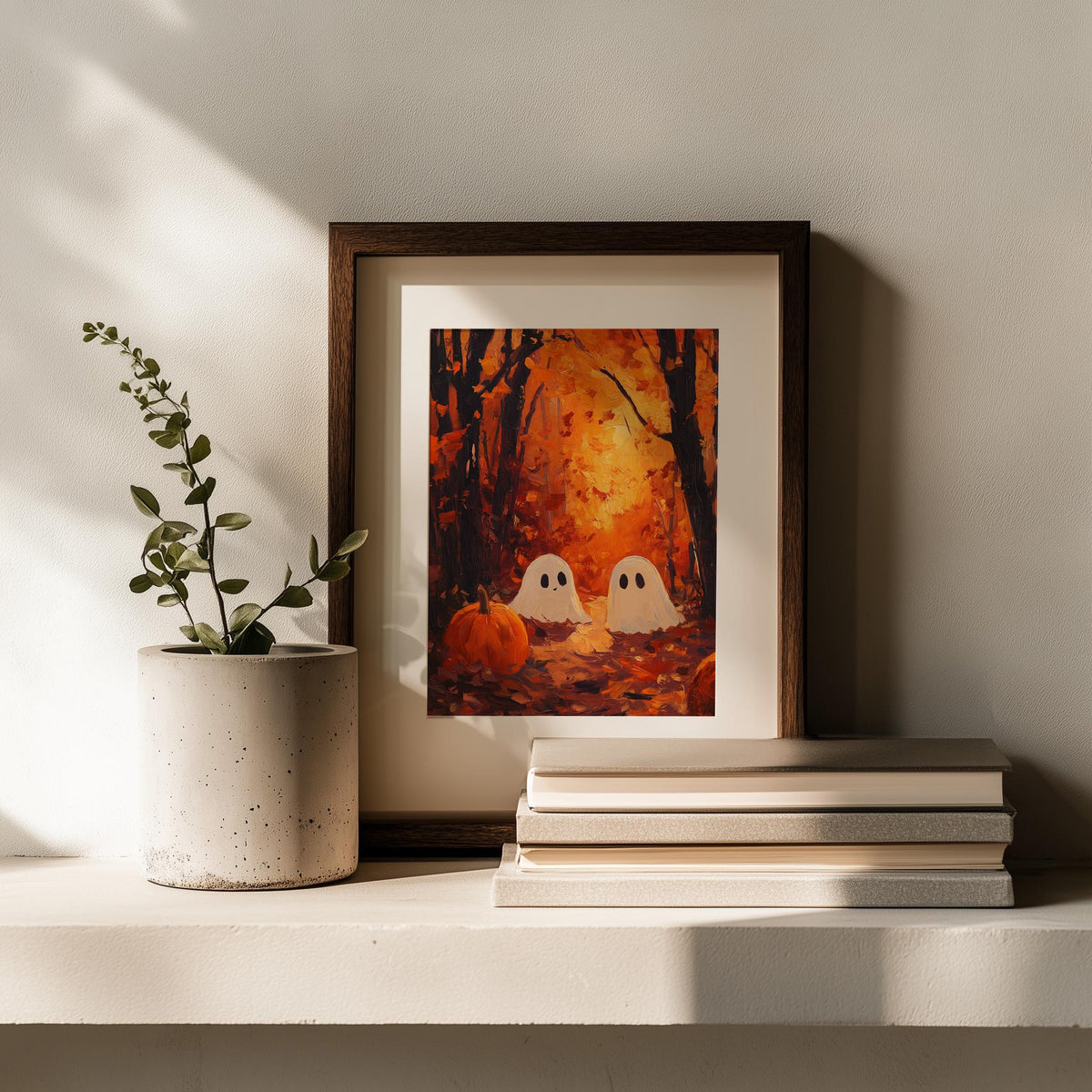 Forest Ghosts Sunset Halloween art print shown in a room setting