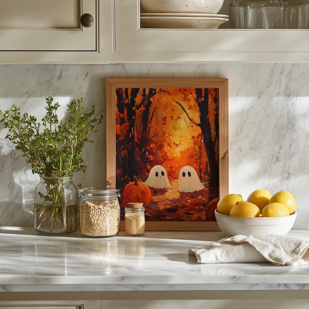 Forest Ghosts Sunset Halloween art print shown in a room setting