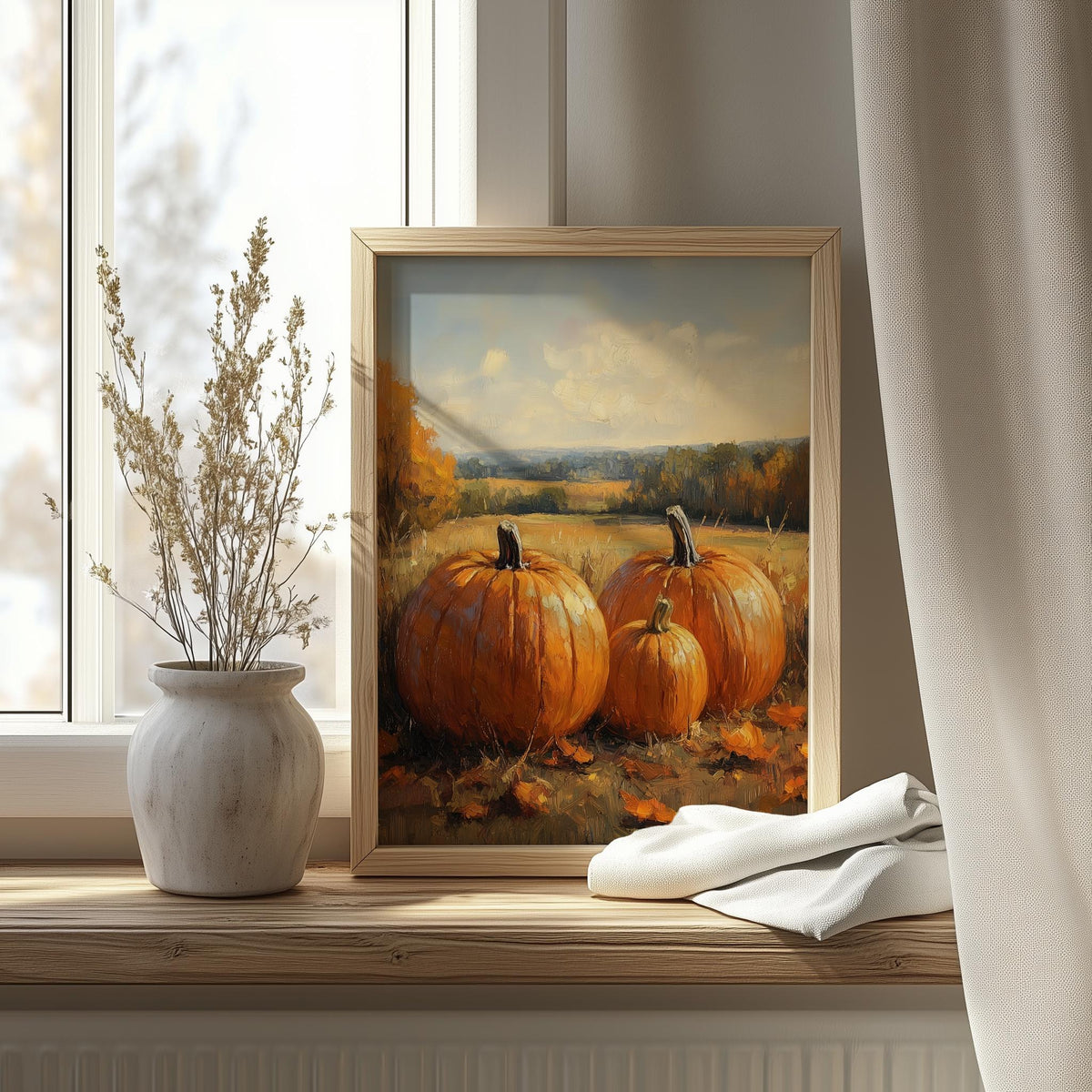 Countryside Pumpkins fall art print shown in a room setting