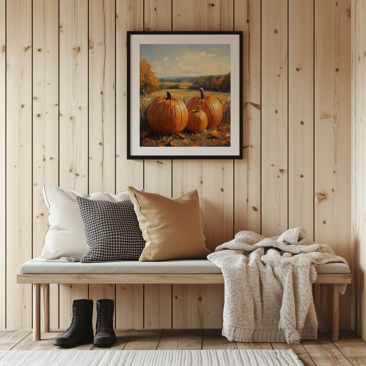 Countryside Pumpkins fall art print shown in a room setting