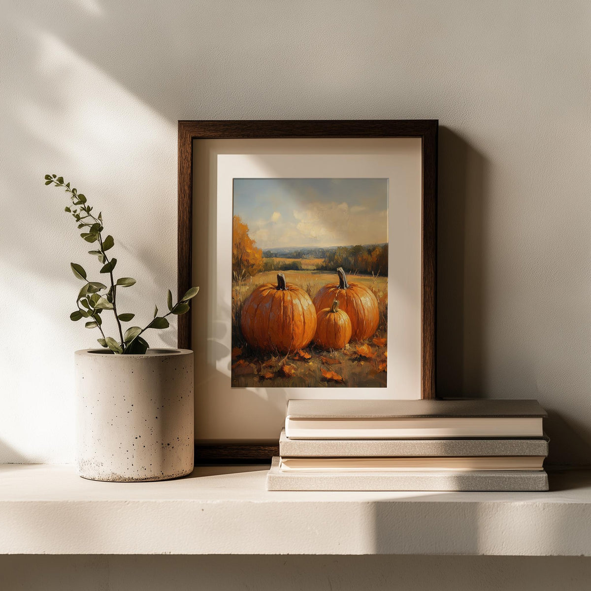 Countryside Pumpkins fall art print shown in a room setting
