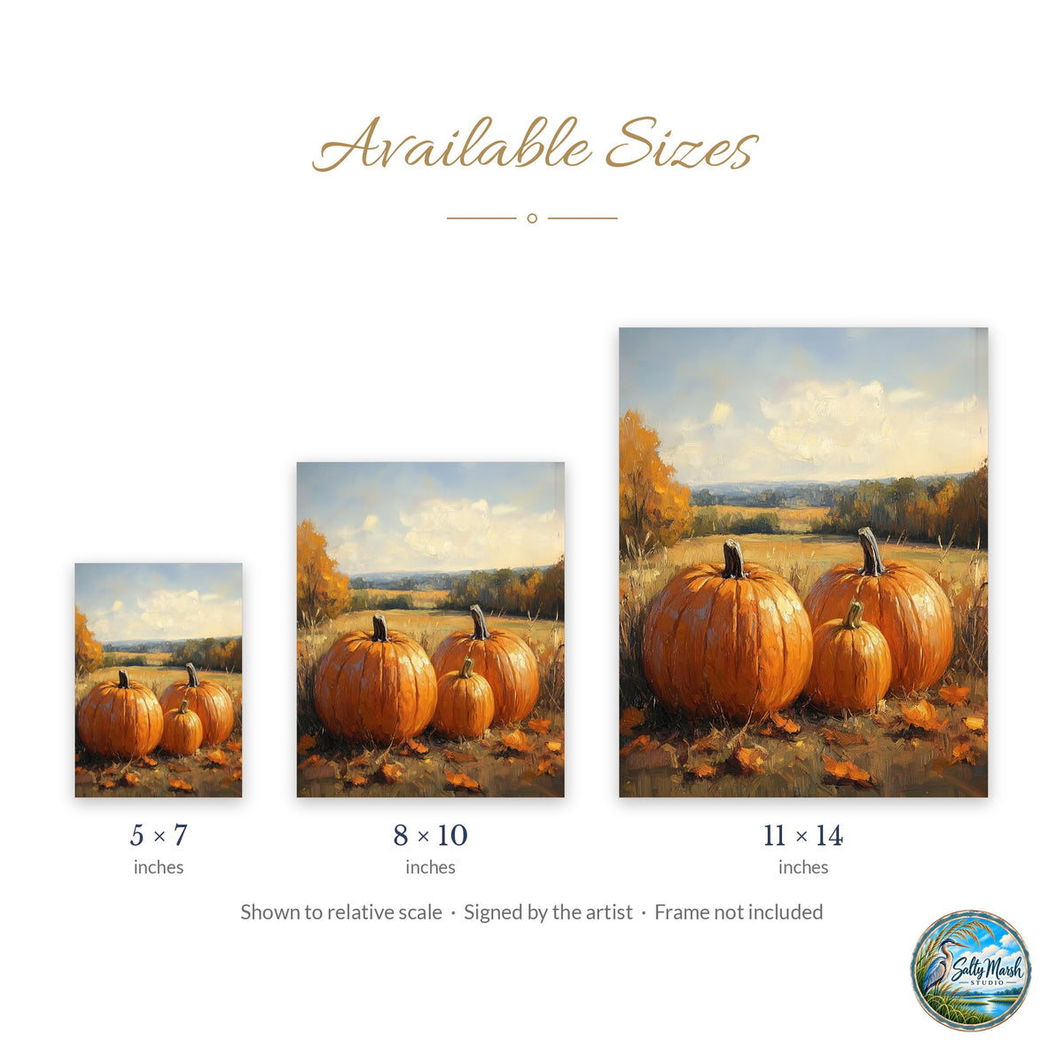 Countryside Pumpkins art print size guide: 5x7, 8x10 and 11x14
