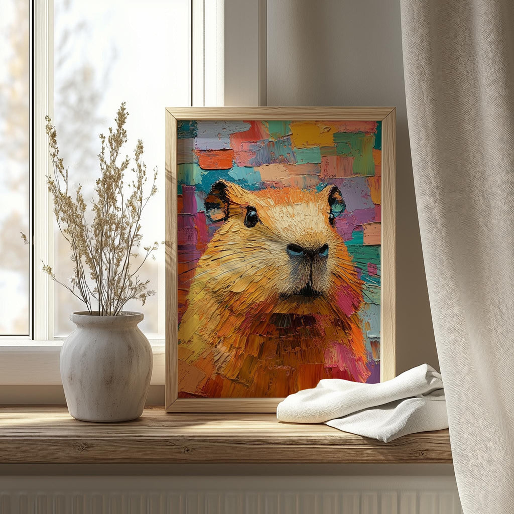 Colorful Capybara animal art print shown in a room setting