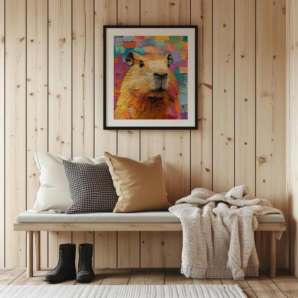 Colorful Capybara animal art print shown in a room setting