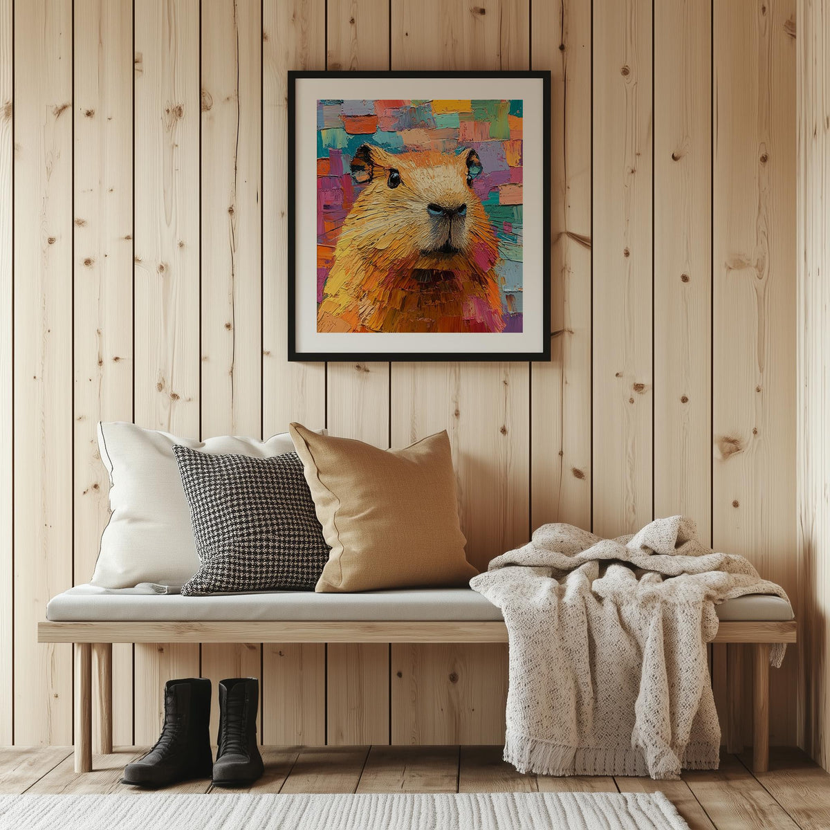 Colorful Capybara animal art print shown in a room setting