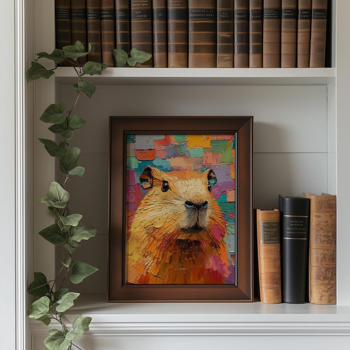 Colorful Capybara animal art print shown in a room setting