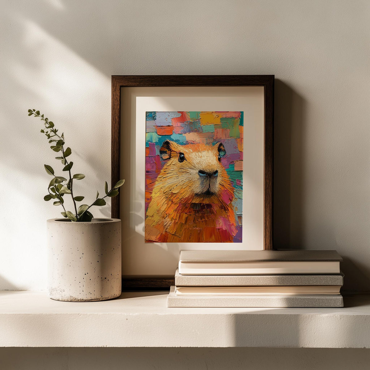 Colorful Capybara animal art print shown in a room setting