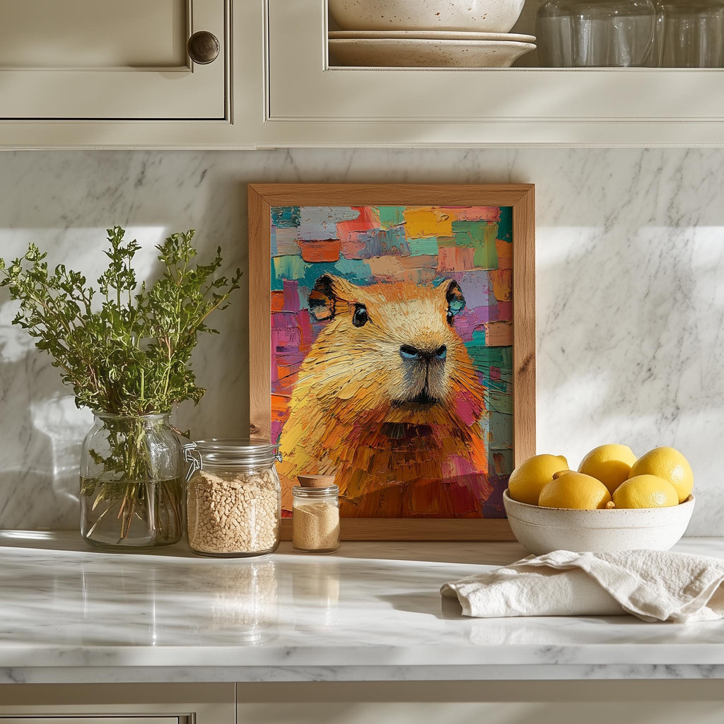 Colorful Capybara animal art print shown in a room setting