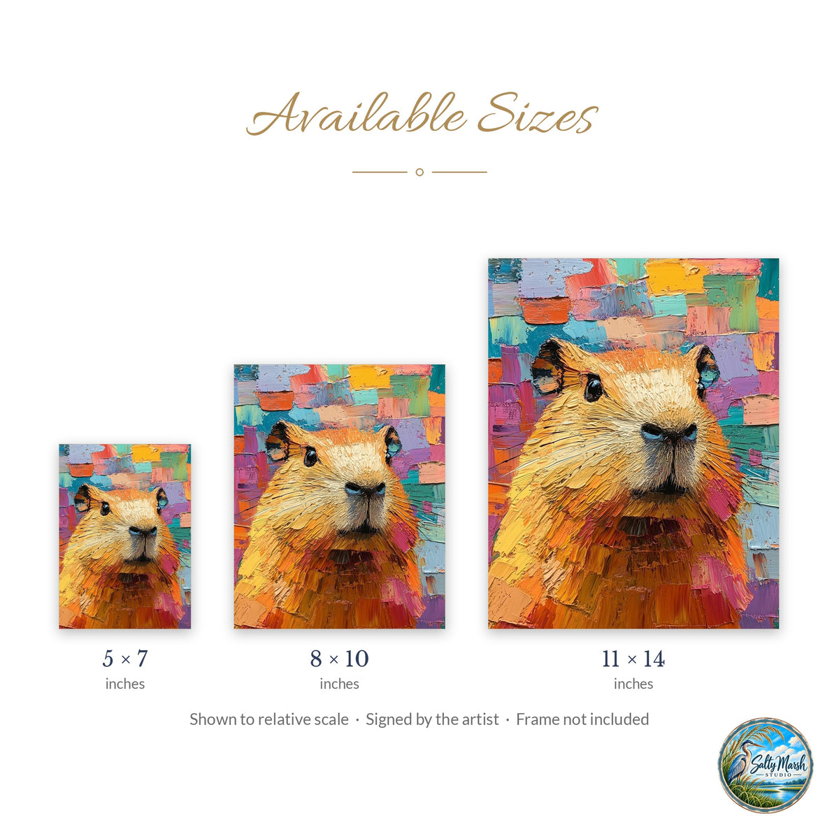 Colorful Capybara art print size guide: 5x7, 8x10 and 11x14