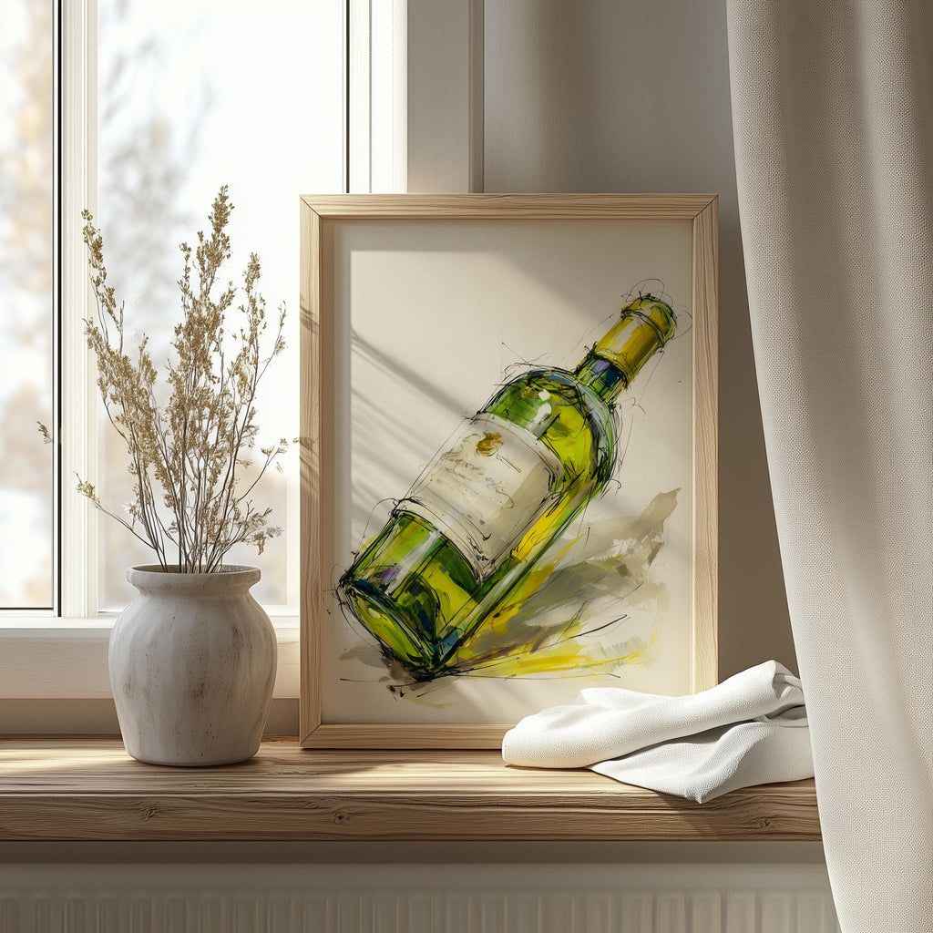 Wine Bottle Sketch kitchen art print shown in a room setting