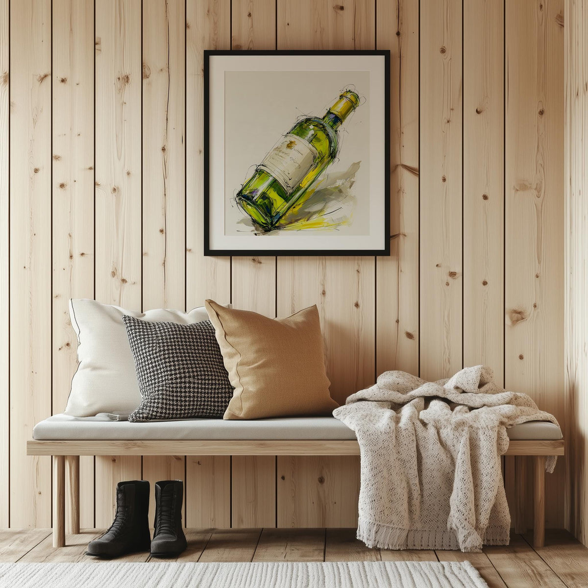 Wine Bottle Sketch kitchen art print shown in a room setting