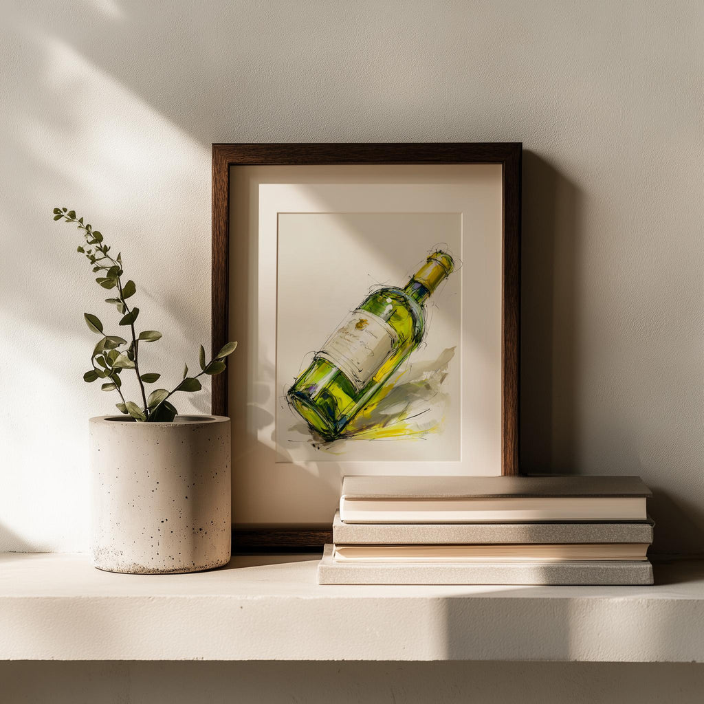 Wine Bottle Sketch kitchen art print shown in a room setting
