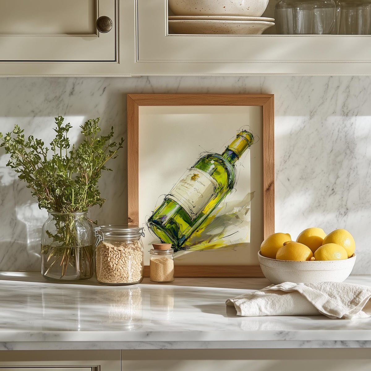 Wine Bottle Sketch kitchen art print shown in a room setting