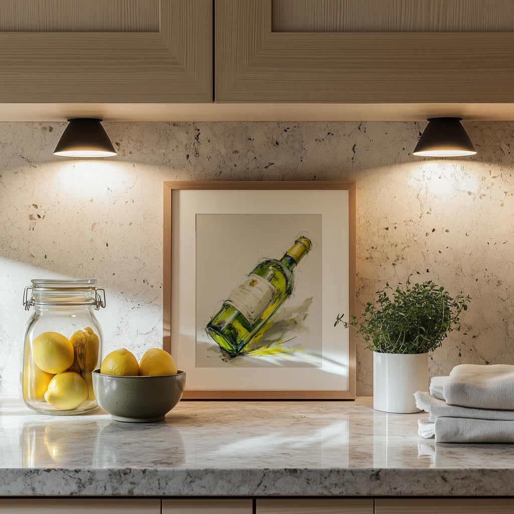 Wine Bottle Sketch kitchen art print shown in a room setting
