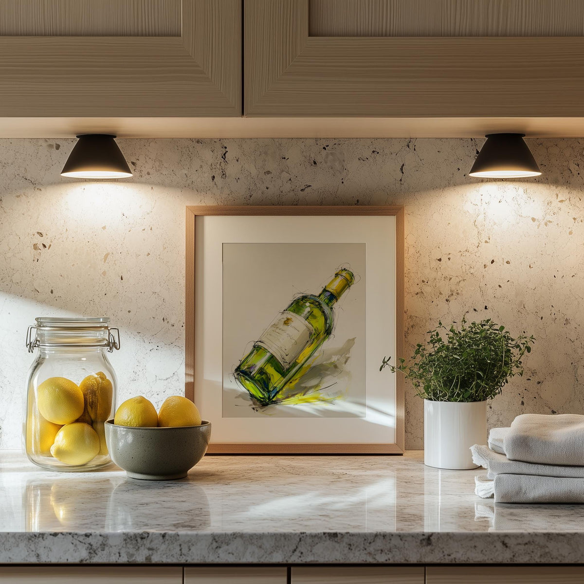 Wine Bottle Sketch kitchen art print shown in a room setting