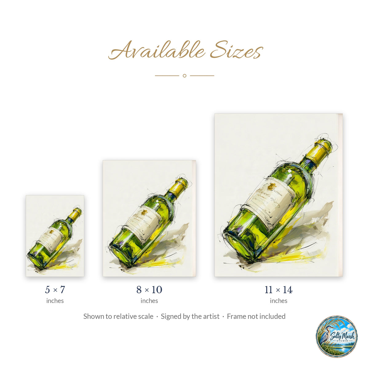 Wine Bottle Sketch art print size guide: 5x7, 8x10 and 11x14