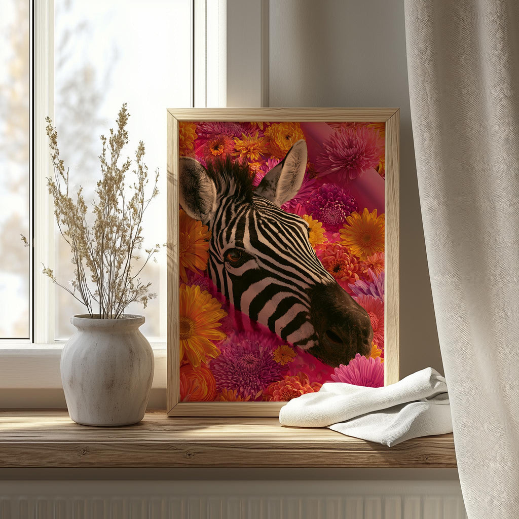 Floral Zebra animal art print shown in a room setting