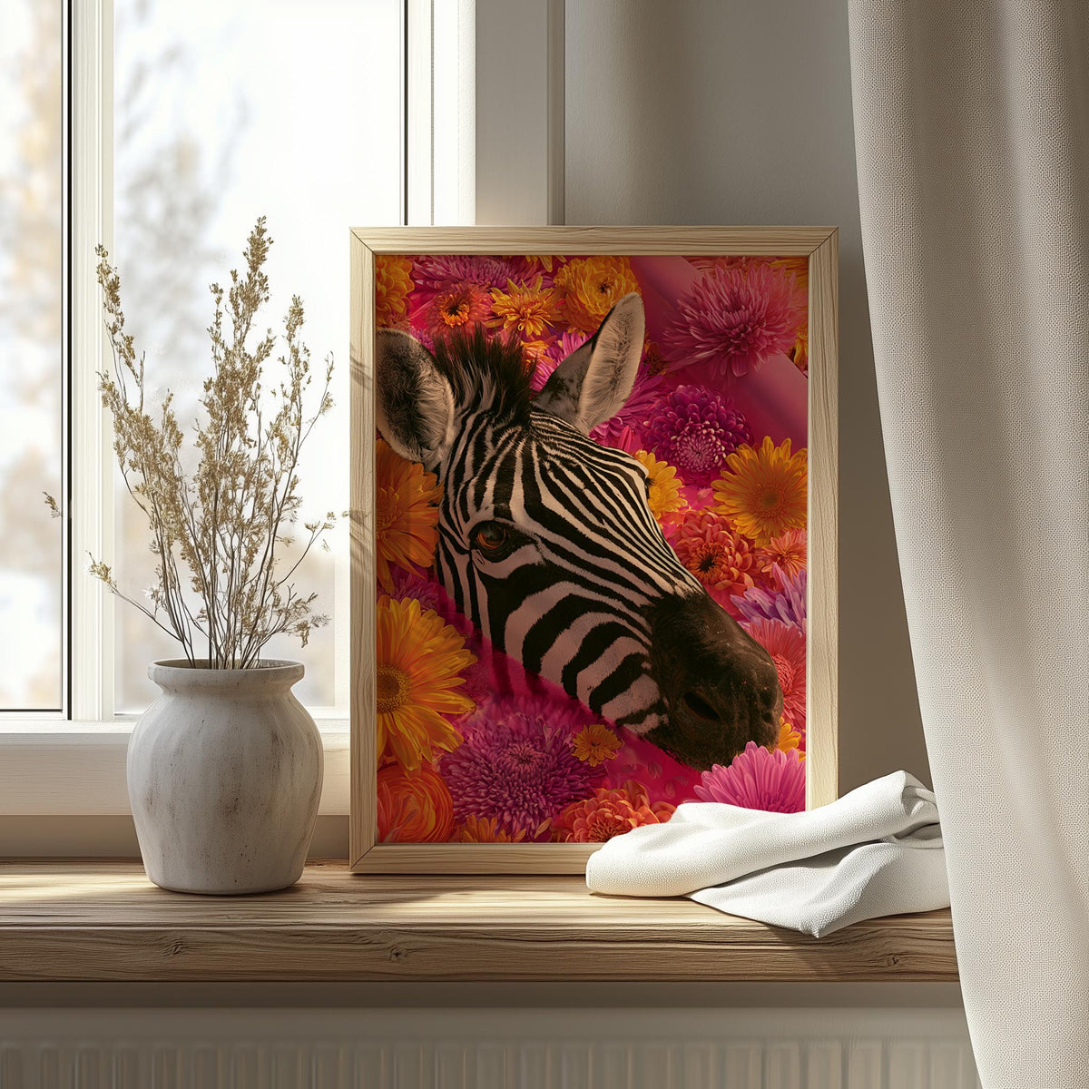 Floral Zebra animal art print shown in a room setting