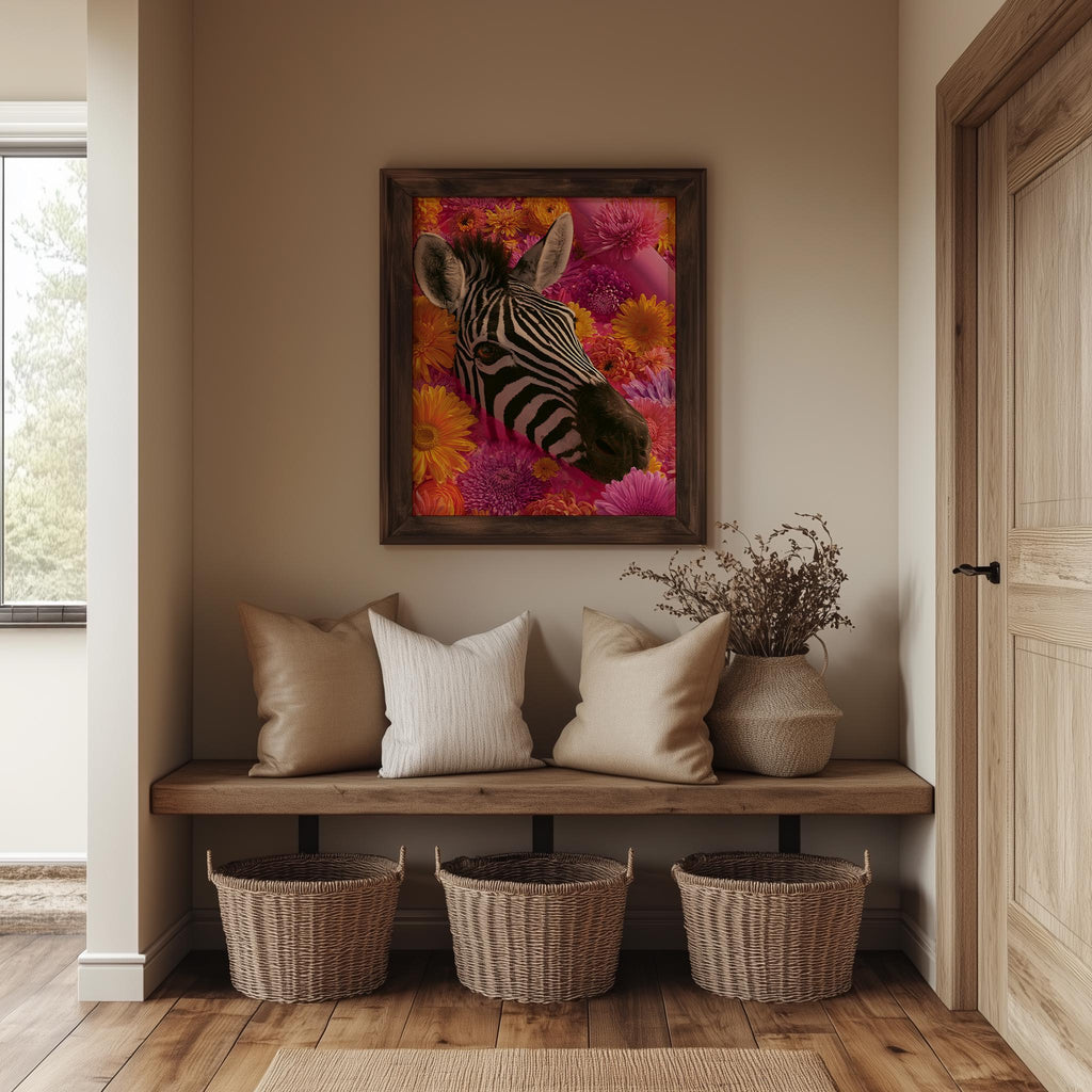 Floral Zebra animal art print shown in a room setting