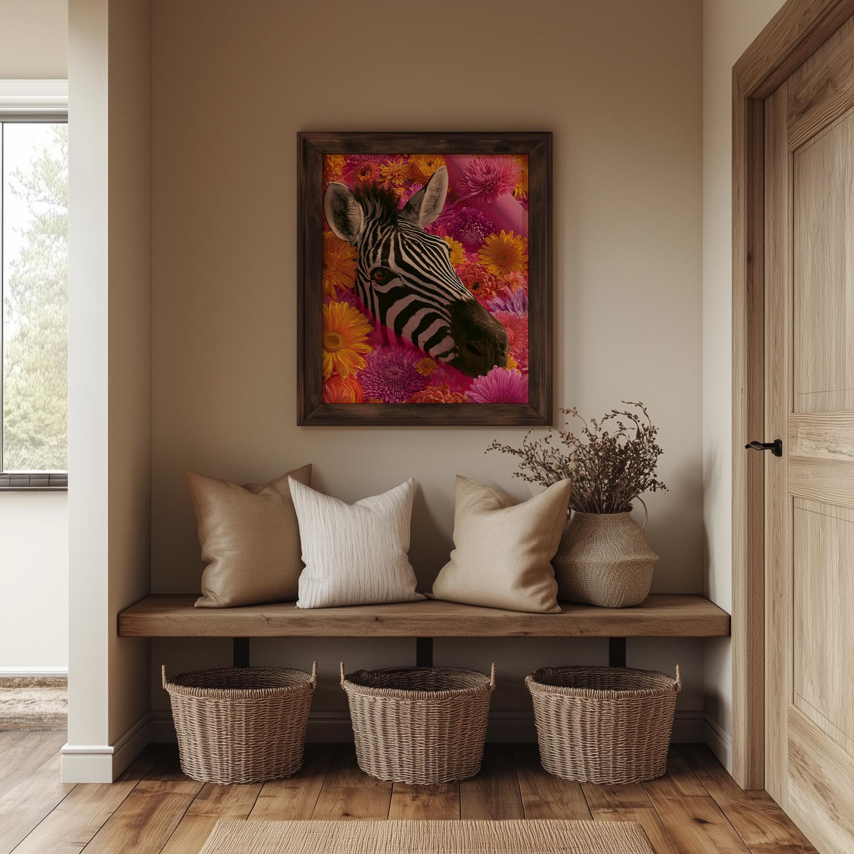 Floral Zebra animal art print shown in a room setting