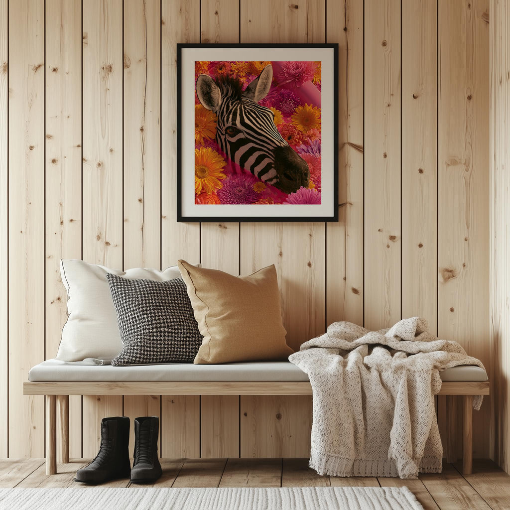 Floral Zebra animal art print shown in a room setting