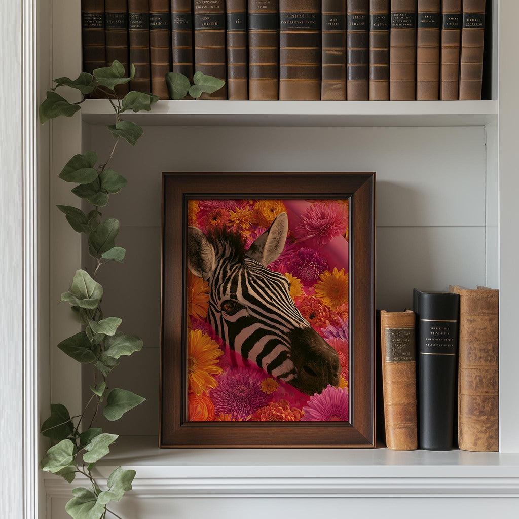 Floral Zebra animal art print shown in a room setting