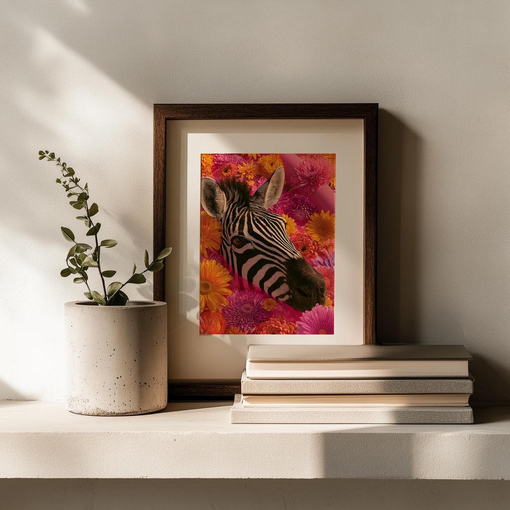 Floral Zebra animal art print shown in a room setting