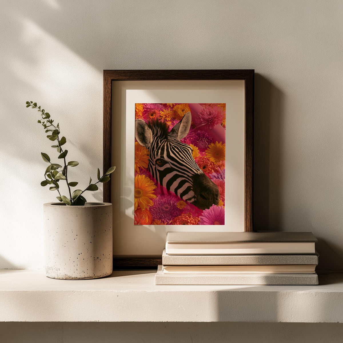 Floral Zebra animal art print shown in a room setting