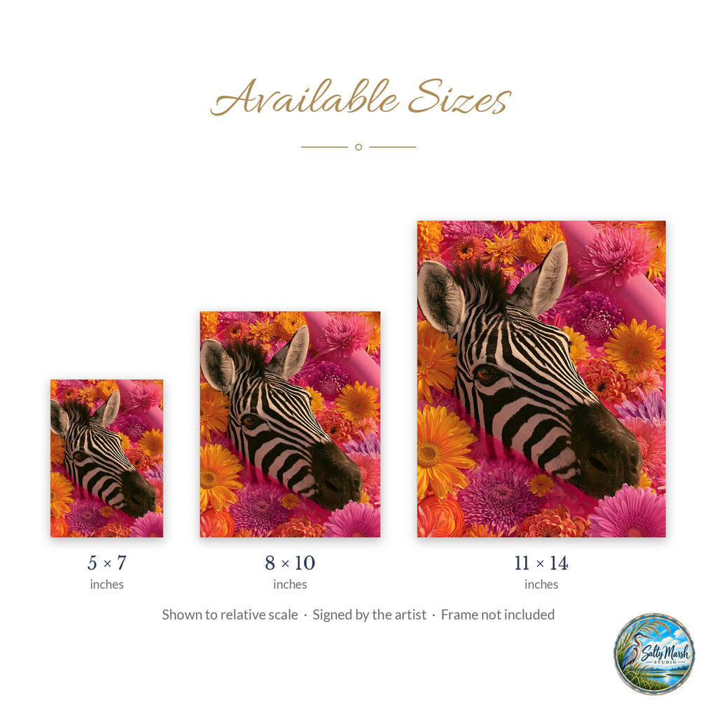 Floral Zebra art print size guide: 5x7, 8x10 and 11x14