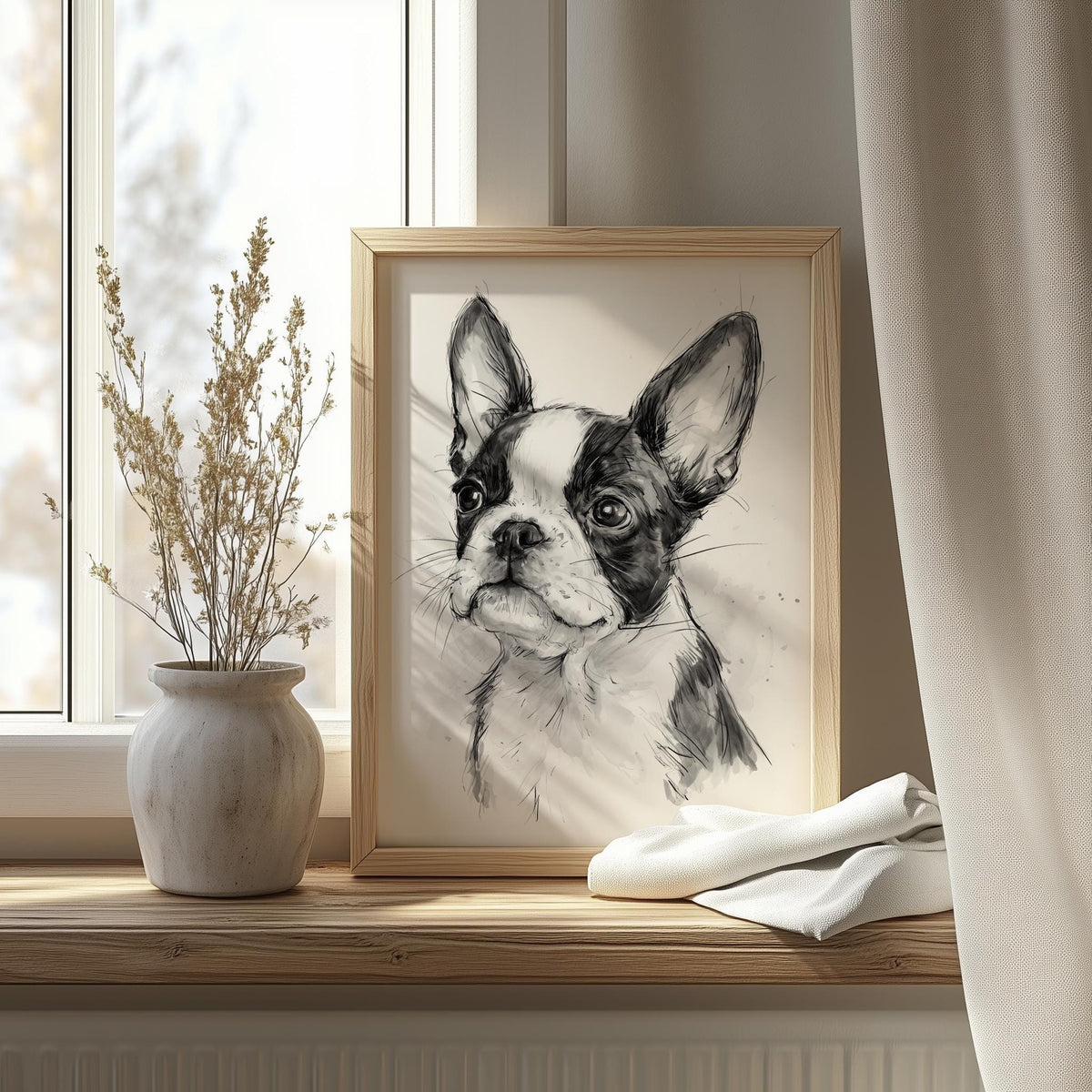 Boston Terrier animal art print shown in a room setting