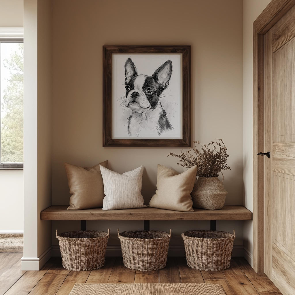Boston Terrier animal art print shown in a room setting