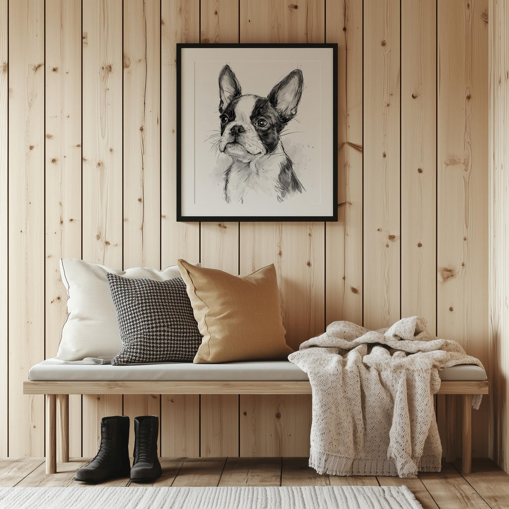 Boston Terrier animal art print shown in a room setting