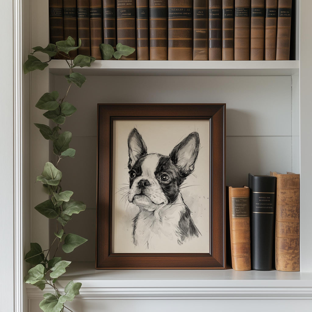 Boston Terrier animal art print shown in a room setting