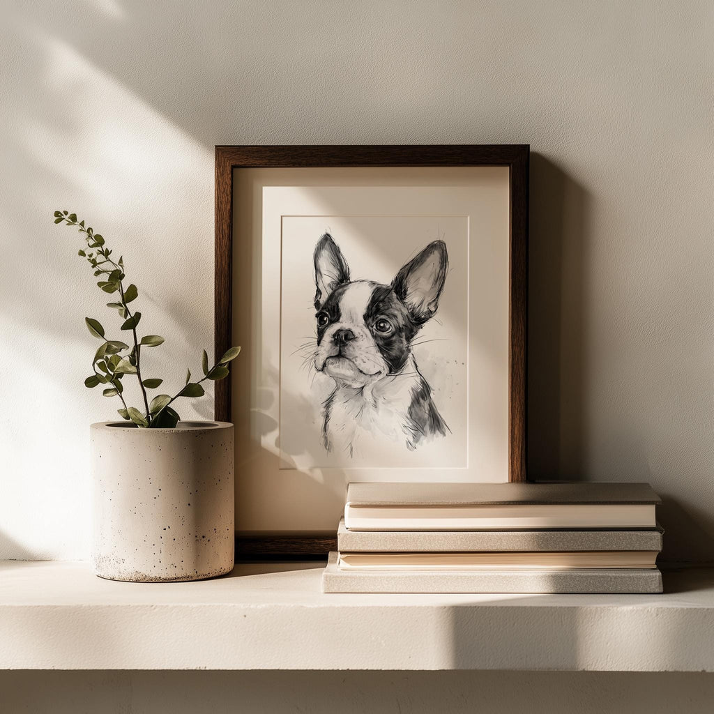 Boston Terrier animal art print shown in a room setting