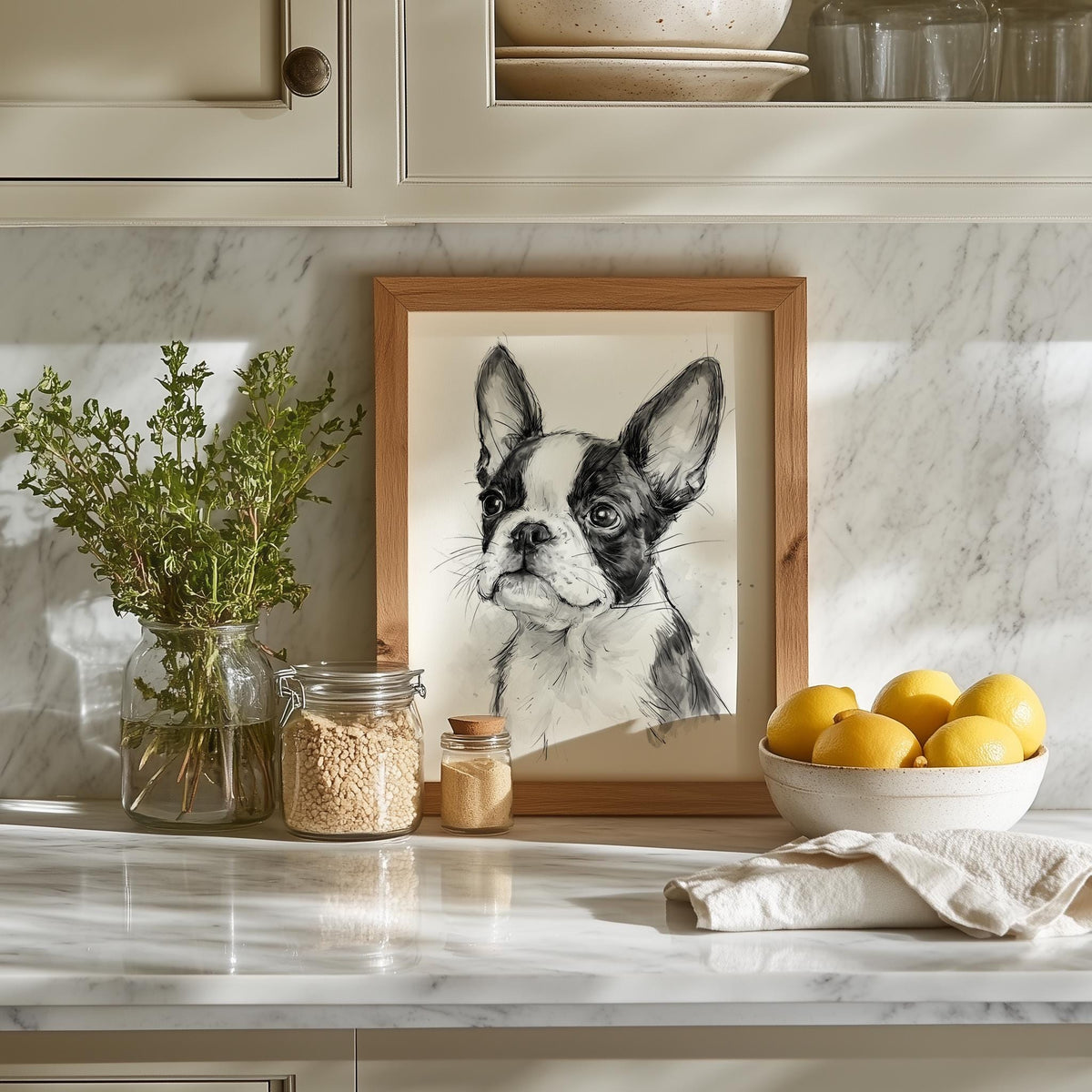 Boston Terrier animal art print shown in a room setting