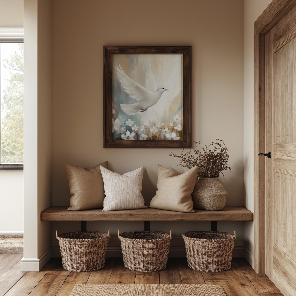 White Dove faith art print shown in a room setting