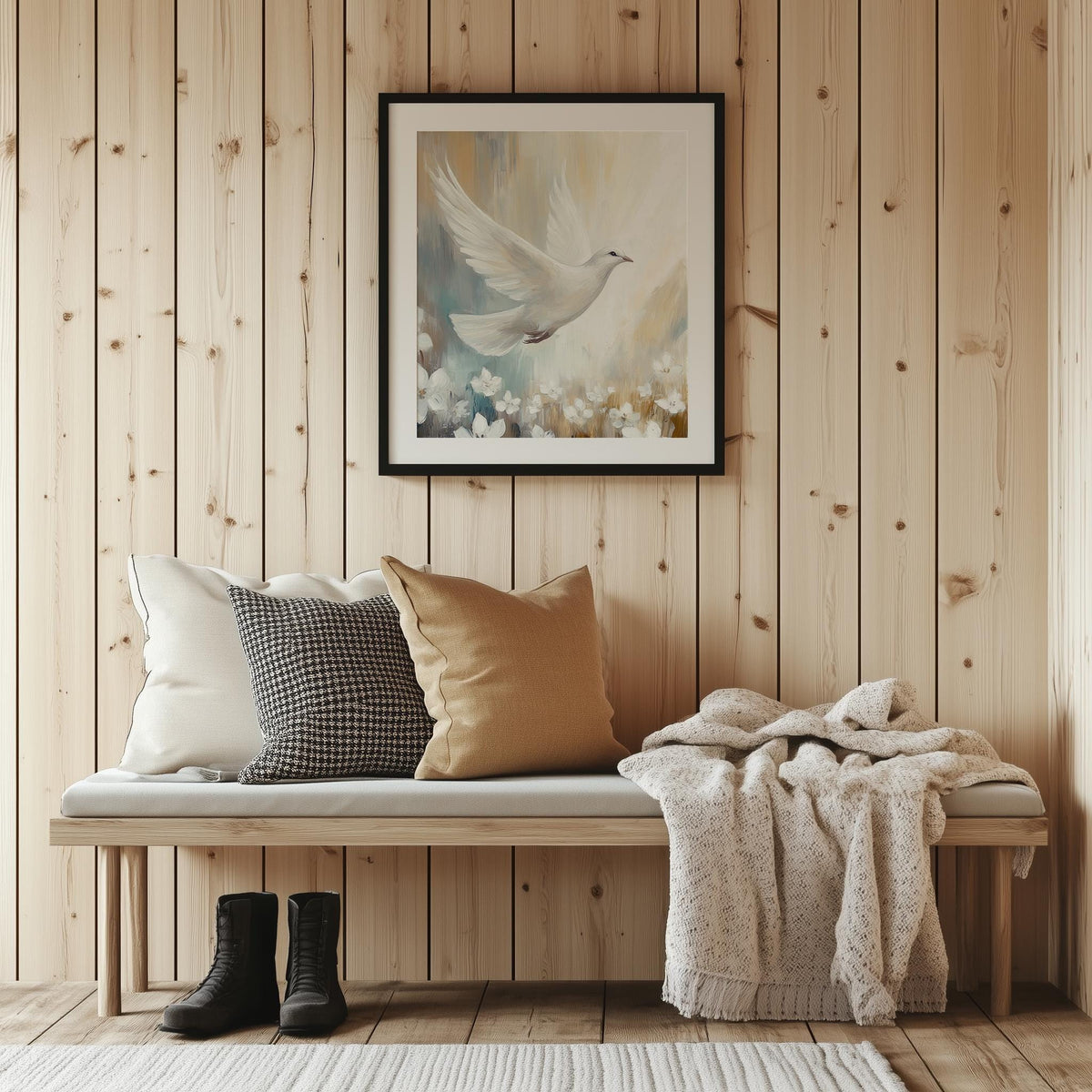 White Dove faith art print shown in a room setting
