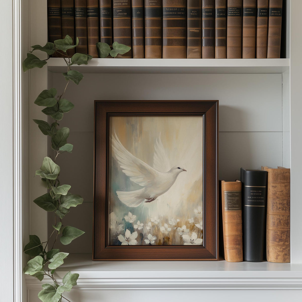 White Dove faith art print shown in a room setting