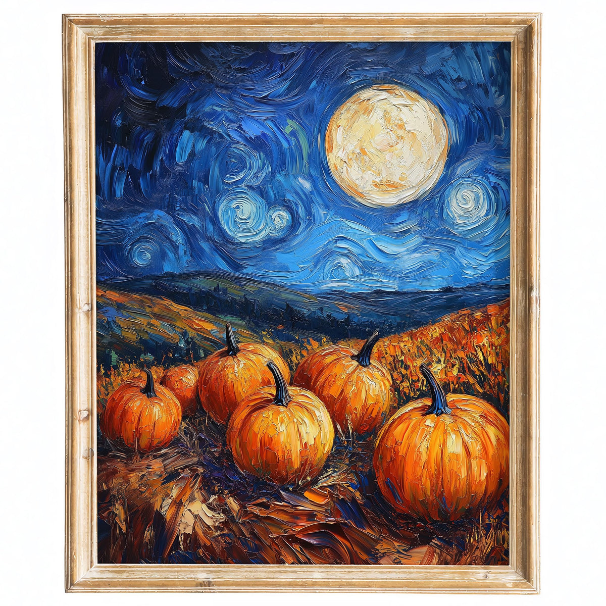 Moonlit Pumpkin Patch fall art print framed